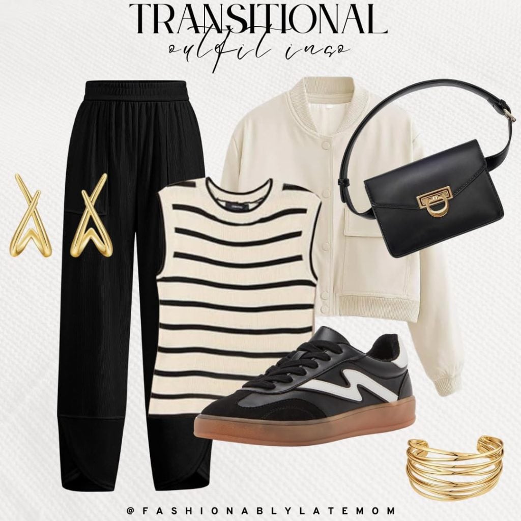 old money outfit idea, black sneakers, bomber jacket, crossbody purse, transition outfit ideas from Amazon