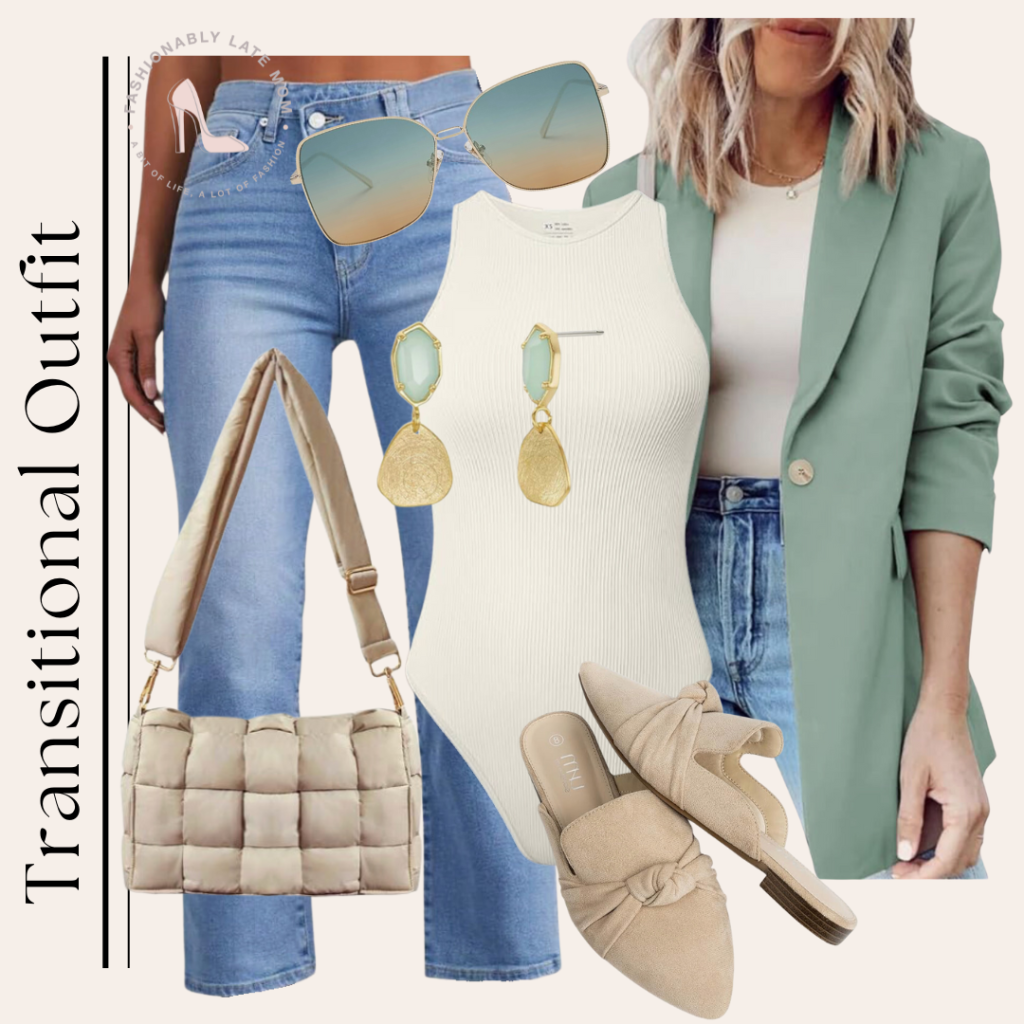green blazer, spring blazer, straight leg jeans, mules, women's fashion