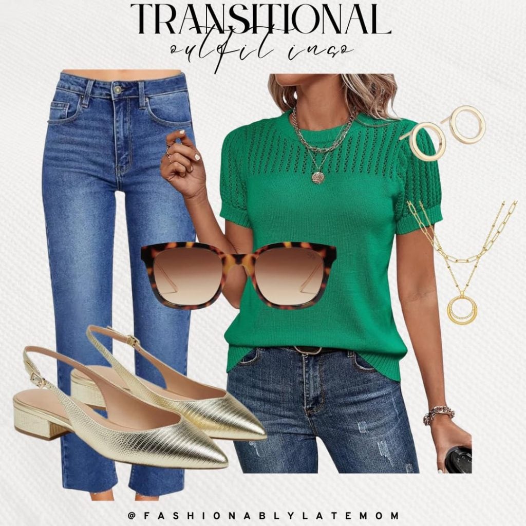 women's flats, green sweater, spring transition outfit ideas from Amazon