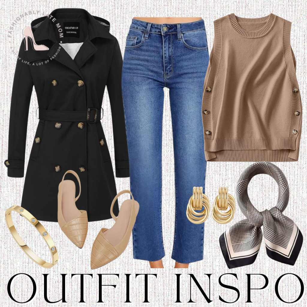 trench coat, sweater vest, flats, casual workwear
