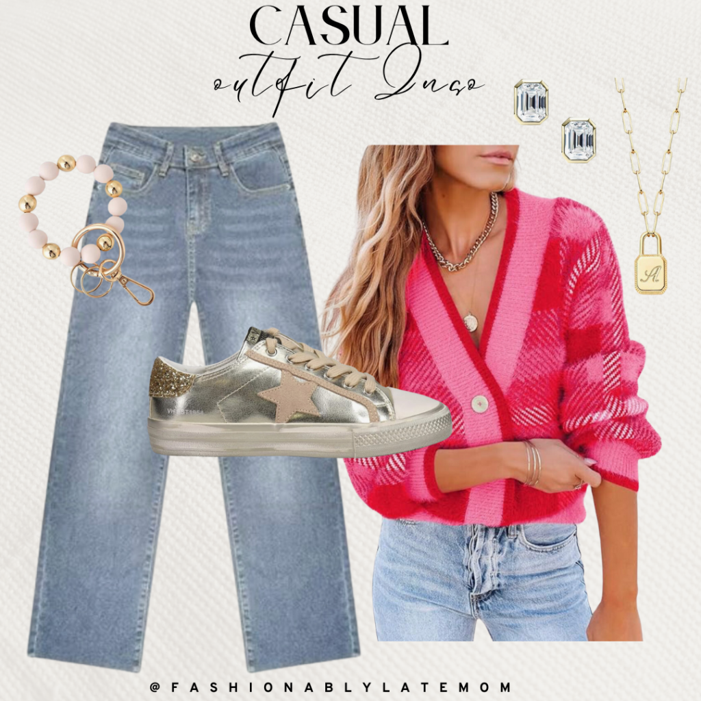 pink sweater, straight leg jeans, amazon fashion