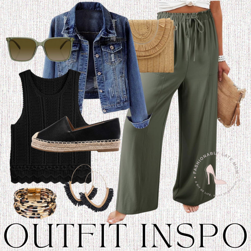 spring transition outfit ideas from amazon, denim jacket, palazzo pants