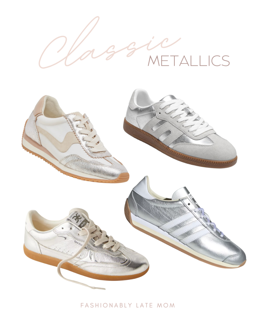 A collection of four stylish sneakers featuring classic metallic designs, including gold and silver accents. The shoes are arranged in a visually appealing layout with a soft background, highlighting their unique textures and colors.