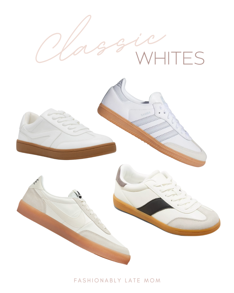 A collection of four classic white sneakers with different designs and gum soles, arranged stylishly on a light background with the text 'Classic Whites' above.
