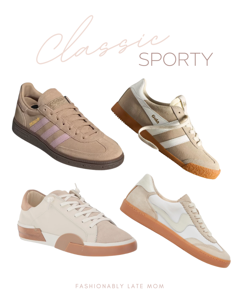 A collage of four sneaker designs featuring a classic style with beige tones and pastel accents, arranged in a visually appealing layout with the words 'Classic' and 'Sporty' prominently displayed.
