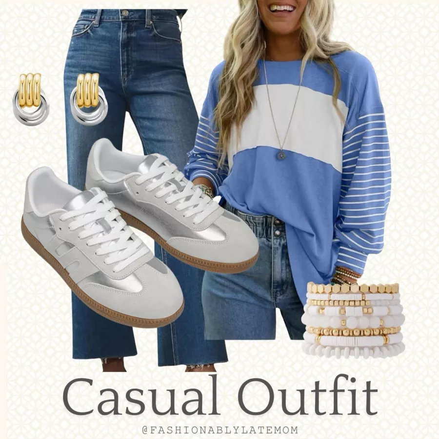 Casual outfit featuring silver statement sneakers, a blue striped long-sleeve shirt, high-waisted denim jeans, and layered bracelets.