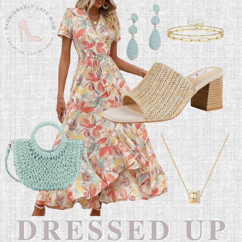 Collage of a pastel floral maxi dress, nude heels, light blue weave handbag, and matching earrings.