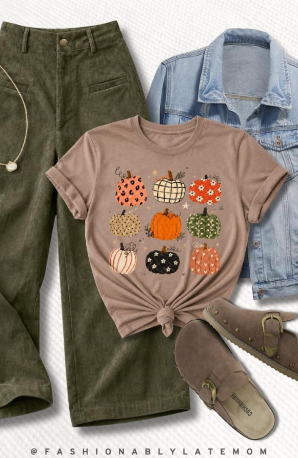 Pumpkin graphic tee + olive wide-legs + denim jacket