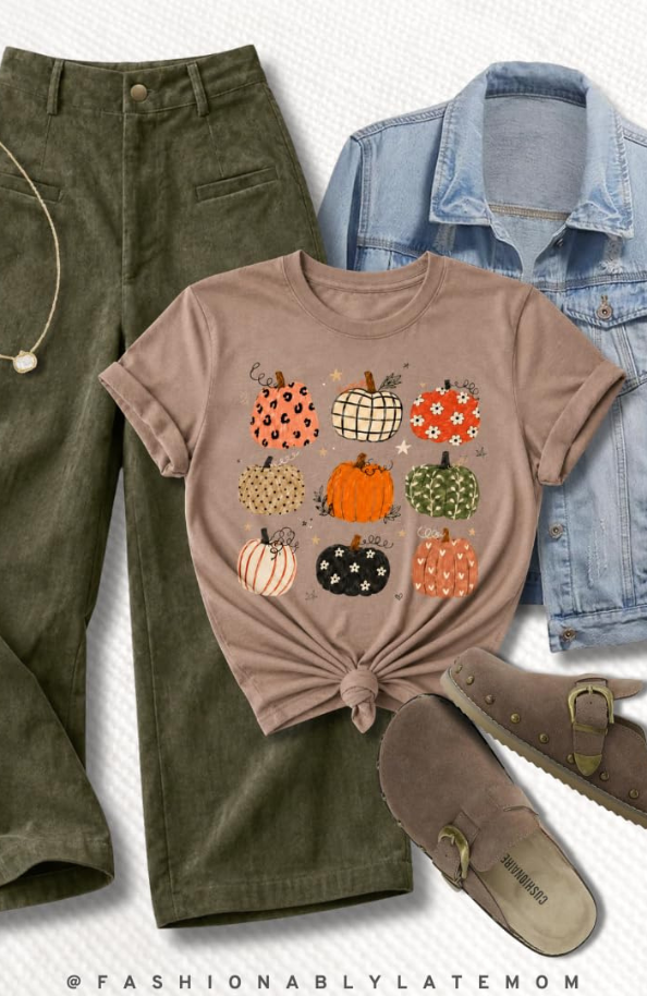 Pumpkin graphic tee + olive wide-legs + denim jacket