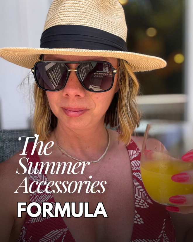 ? These are the four accessories I'm wearing on repeat this season—a chic hat, oversized sunglasses, comfortable sandals, and the perfect straw bag. Perfect for vacations, everyday outfits, and summer style over 40.