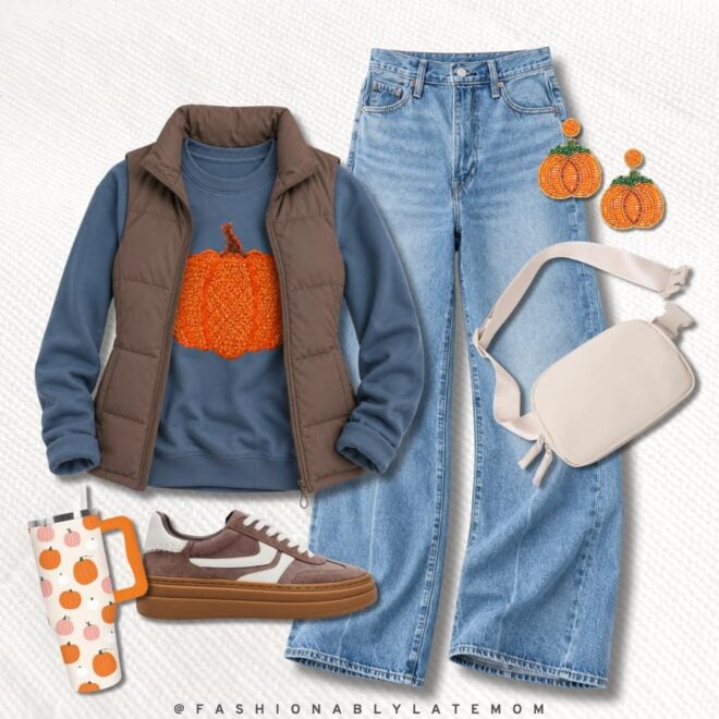 Comfy pumpkin sweatshirt, cozy puffer vest, and wide leg jeans