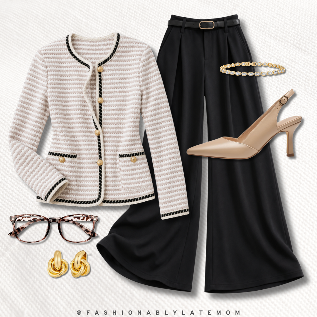 workwear outfit with cream striped tweed jacket, black wide-leg trousers, and nude slingback heels