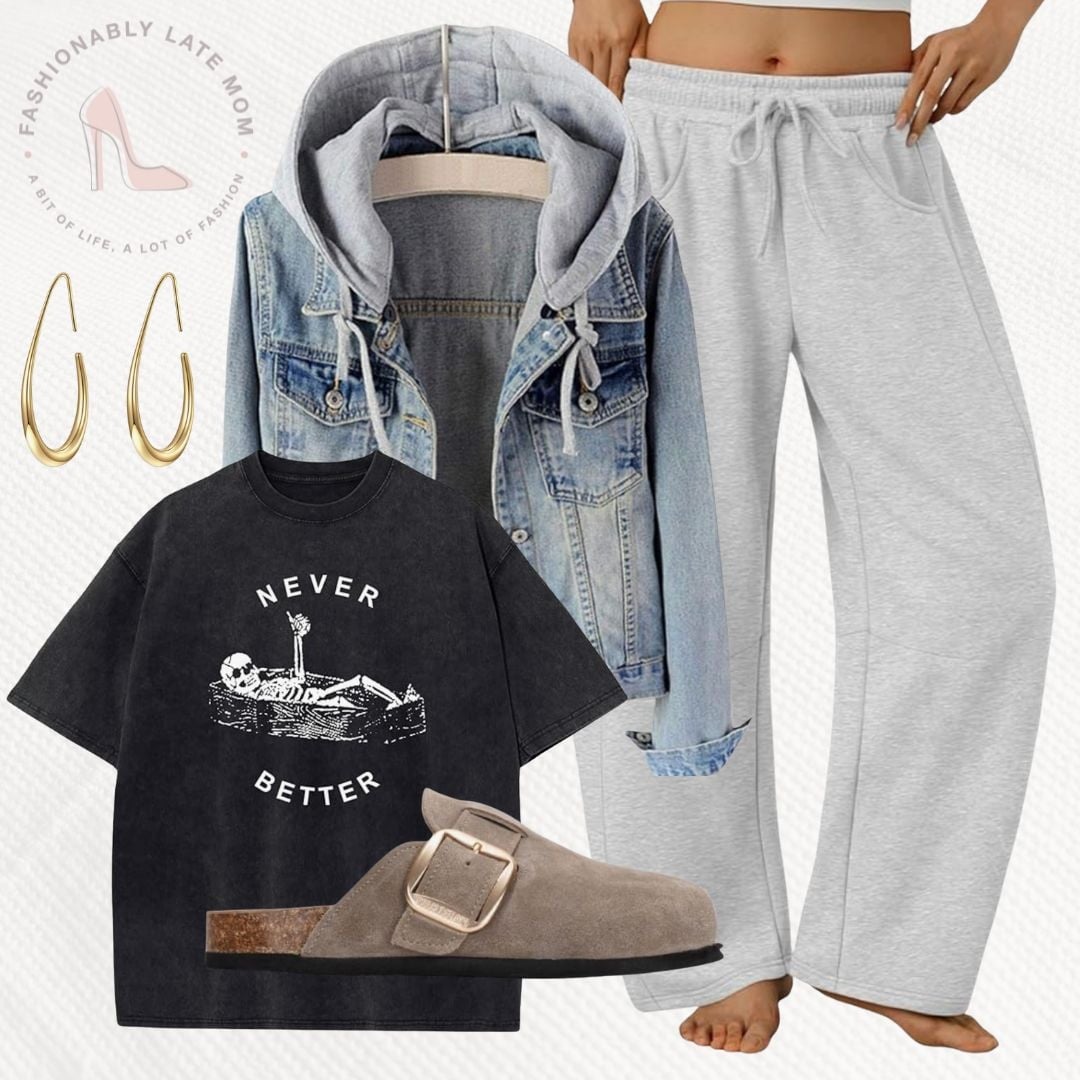 casual fall outfit from Amazon with a denim jacket, black graphic tee, gray wide-leg sweatpants and clogs