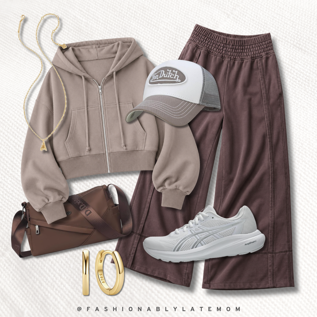 sporty fall athleisure outfit with a cropped zip hoodie, trucker hat and brown wide-leg pants