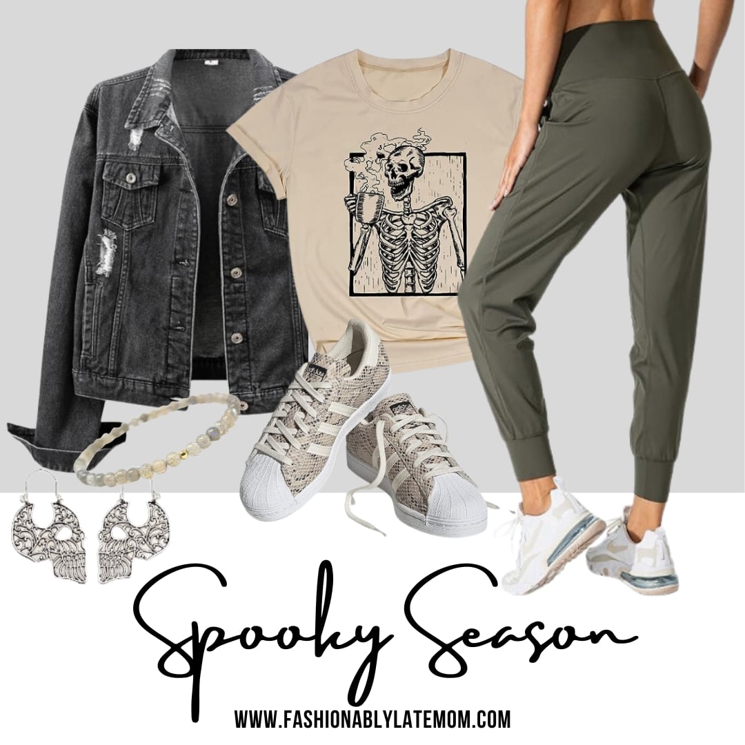 Skeleton coffee graphic tee with a black denim jacket, olive joggers and sneakers
