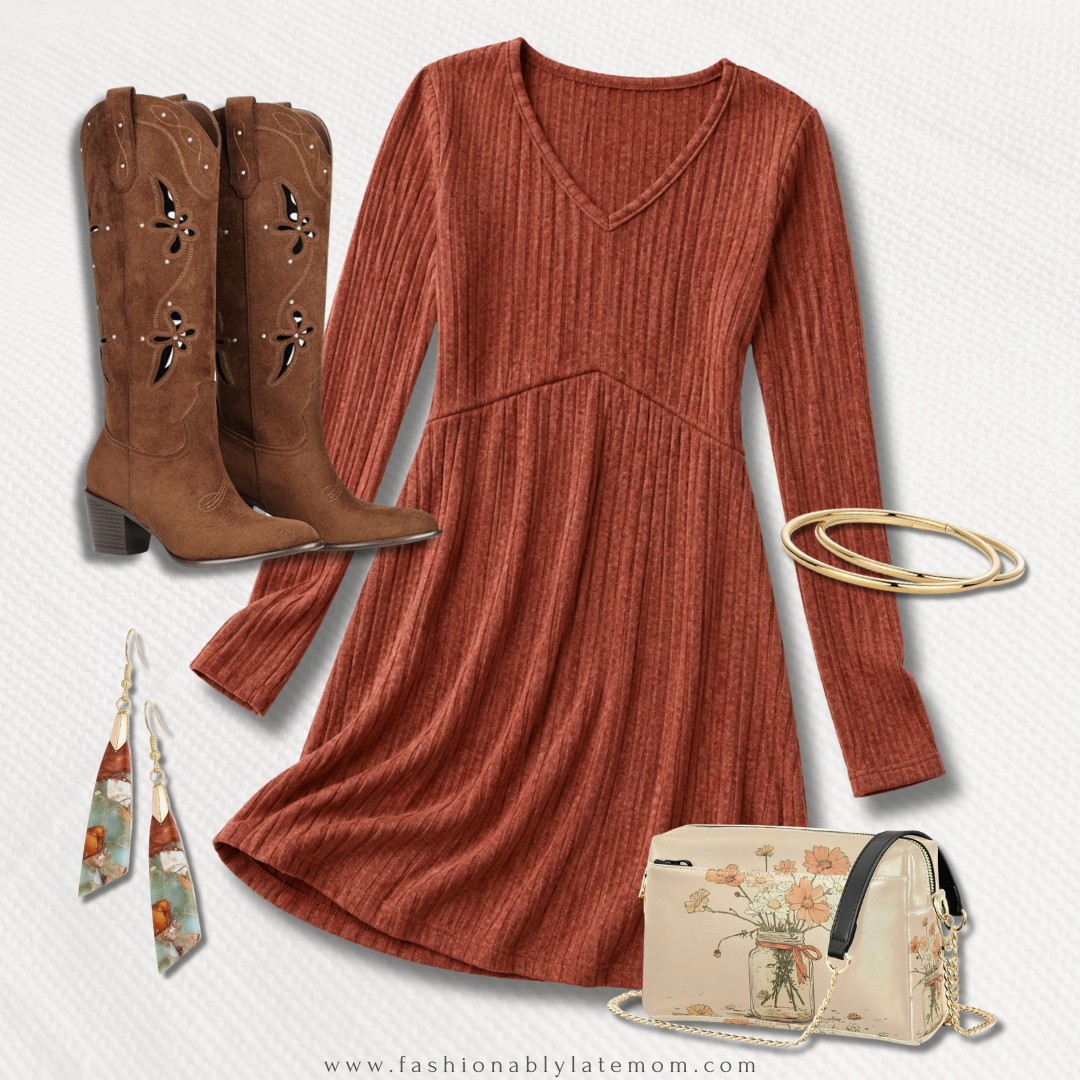 rust long-sleeve fall dress outfit with embroidered western boots