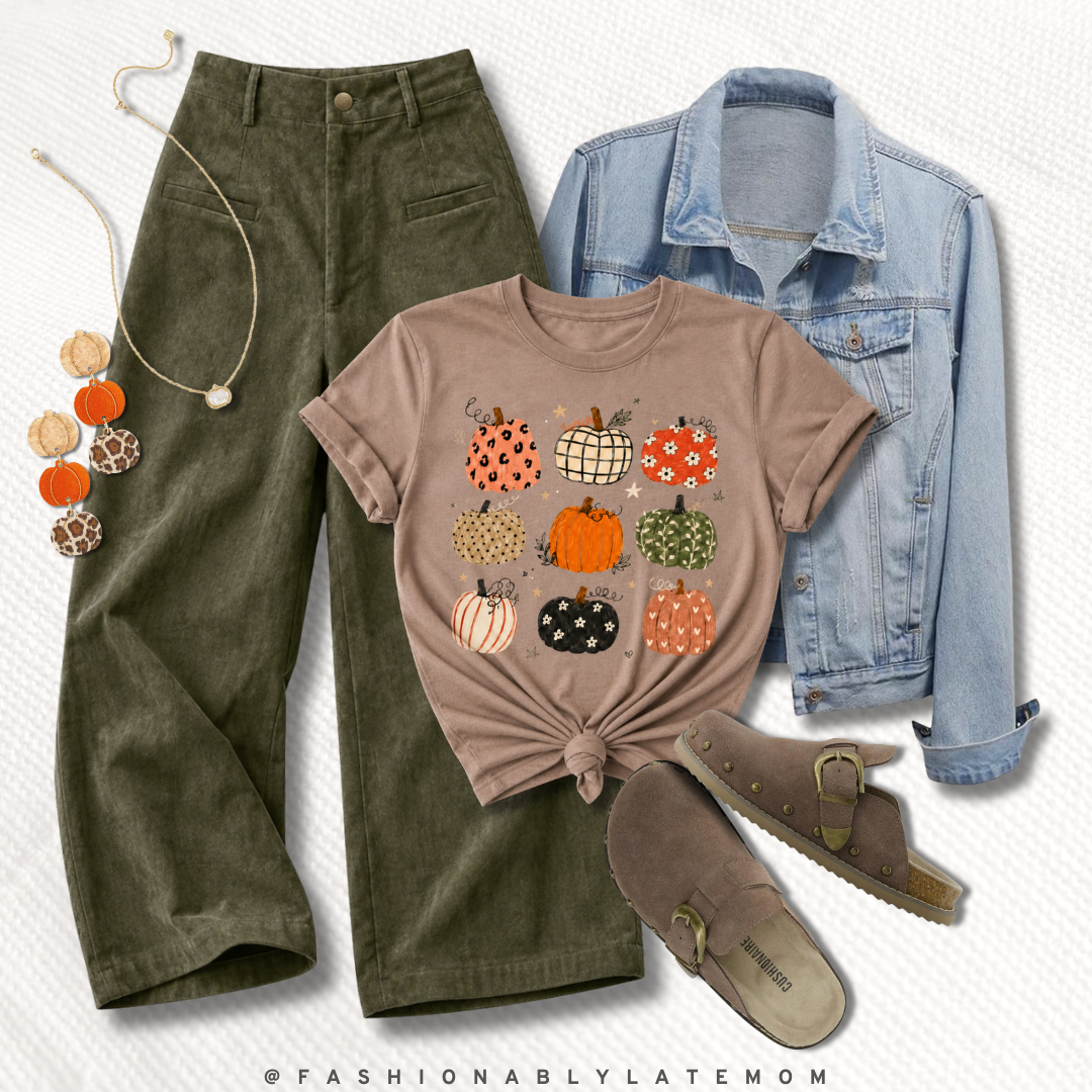 Pumpkin patch graphic tee with olive wide leg corduroy pants, a denim jacket and suede booties