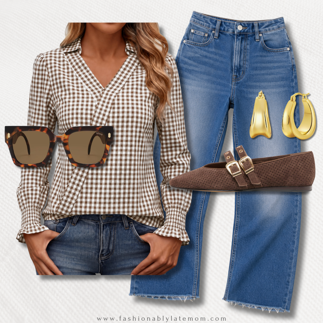 gingham button-down and wide-leg jeans fall outfit with Mary Jane flats