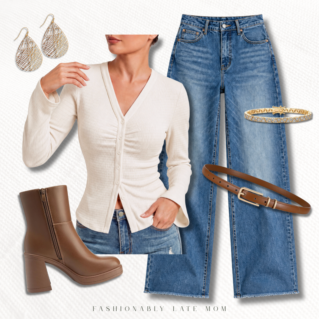casual fall outfit with a cream button-front top, jeans, a brown belt and heeled boots