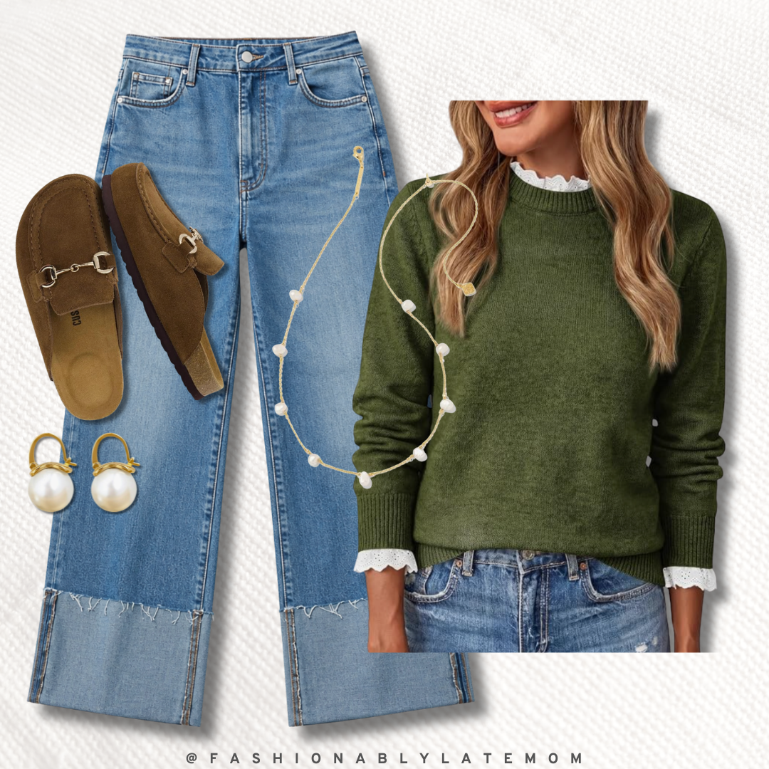 olive green sweater fall outfit with cuffed jeans, pearl accents and loafer mules