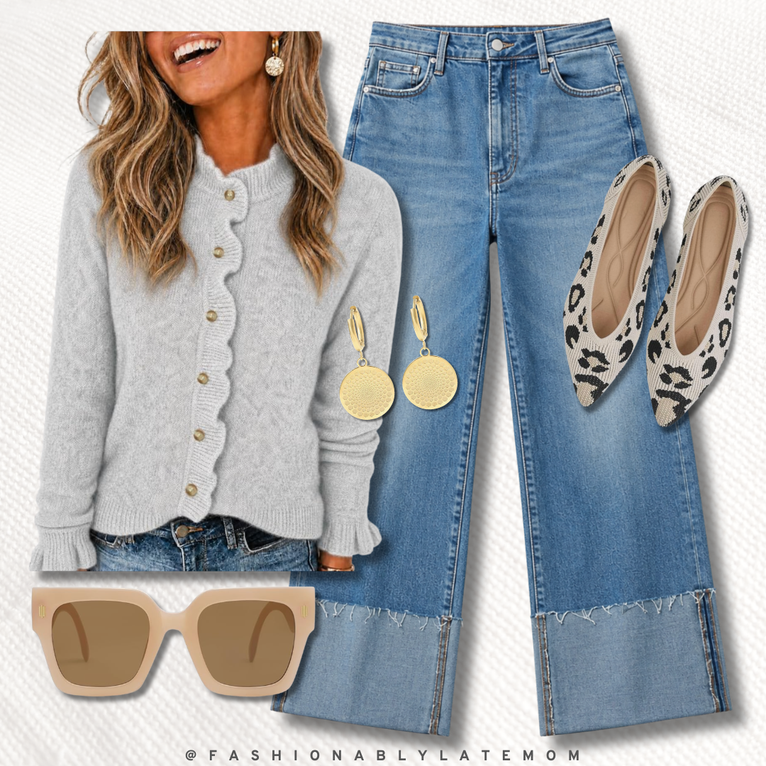 gray scalloped cardigan fall outfit with cuffed jeans and leopard flats