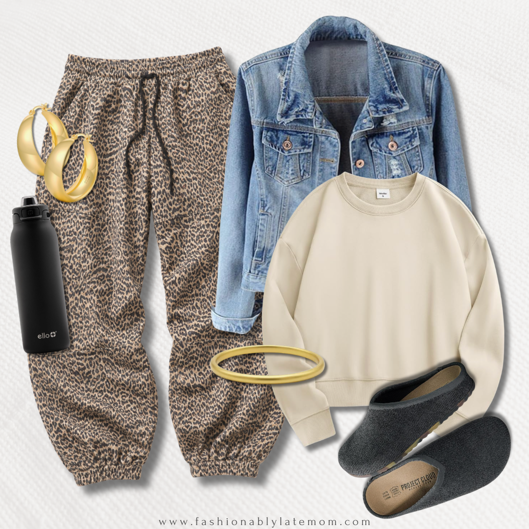 casual fall outfit with leopard joggers, a cropped denim jacket and cream sweatshirt
