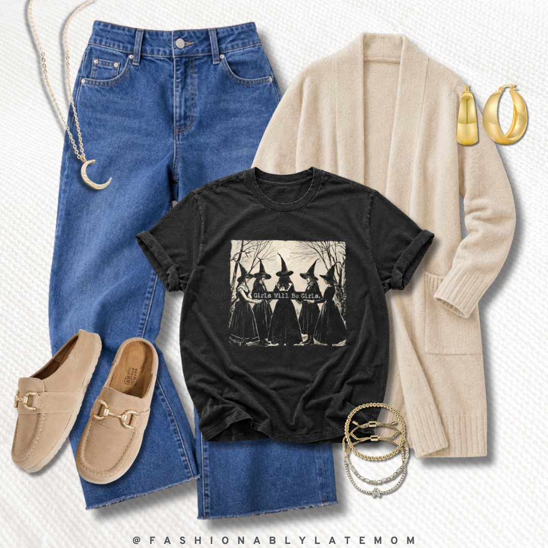 Dancing witches black graphic tee with jeans, a cream cardigan and loafers