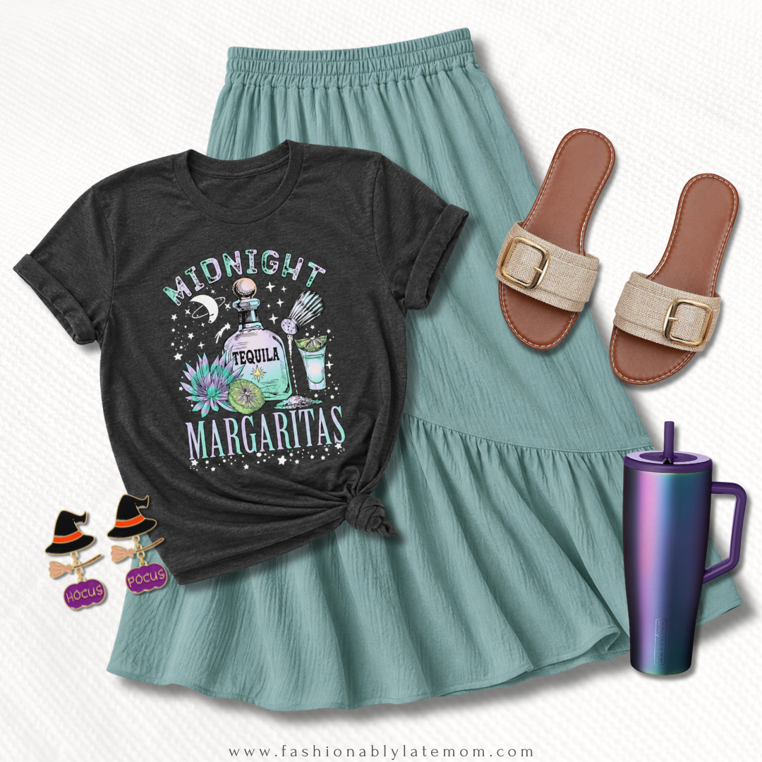 Midnight Margaritas Hocus Pocus graphic tee with a sage tiered skirt and slides
