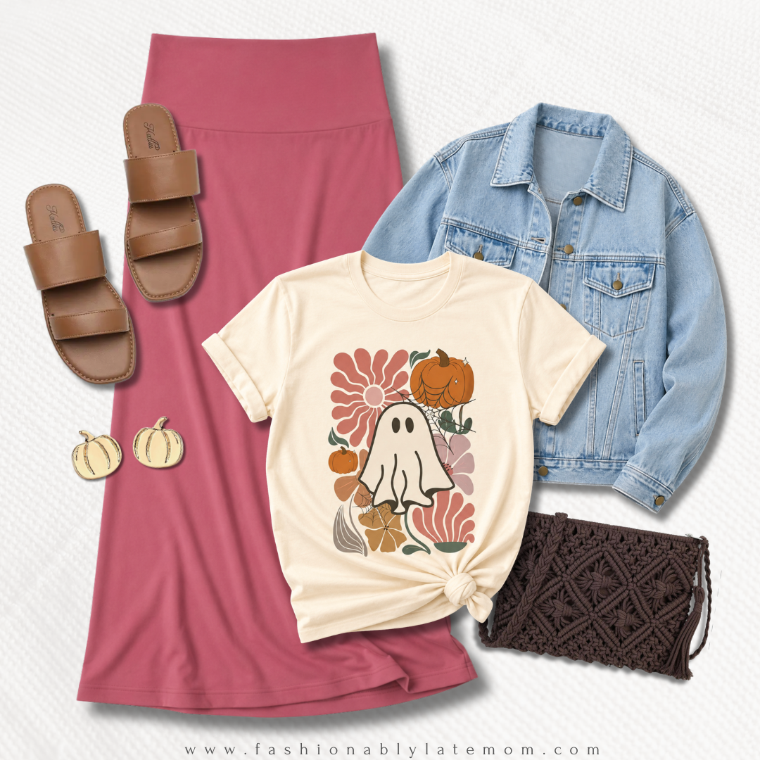 Pumpkin and ghost floral graphic tee with a pink maxi skirt, denim jacket and brown slides