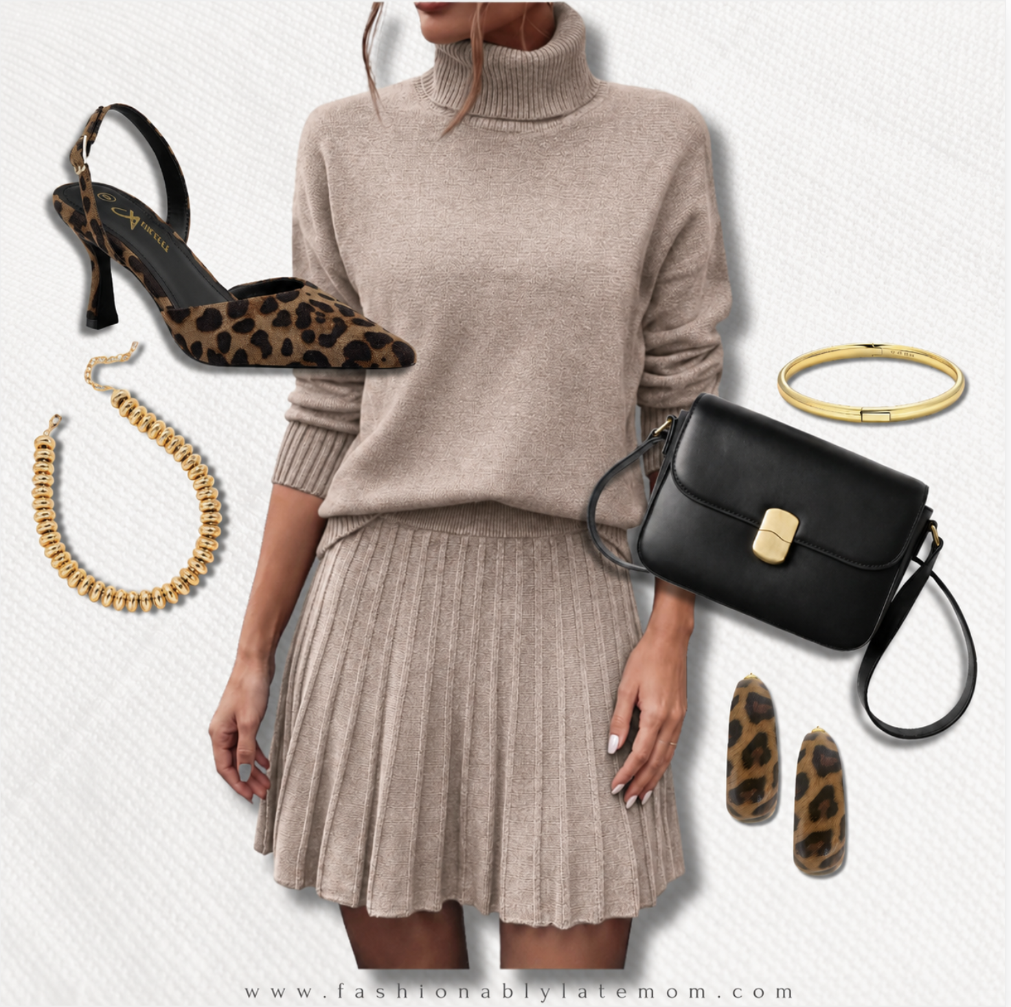 taupe turtleneck sweater and pleated knit skirt workwear outfit with leopard slingback heels and black crossbody bag