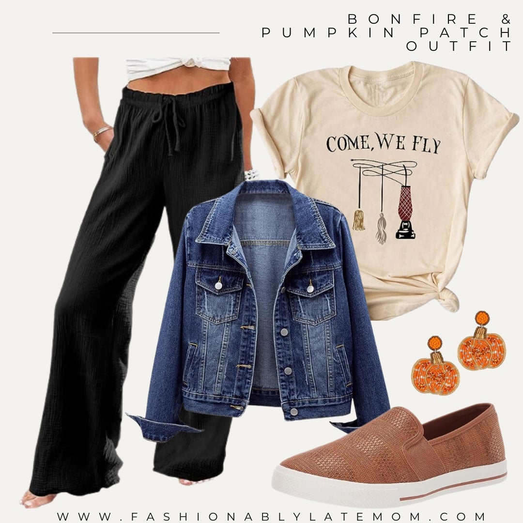 Come We Fly Hocus Pocus graphic tee with black wide leg pants and a denim jacket