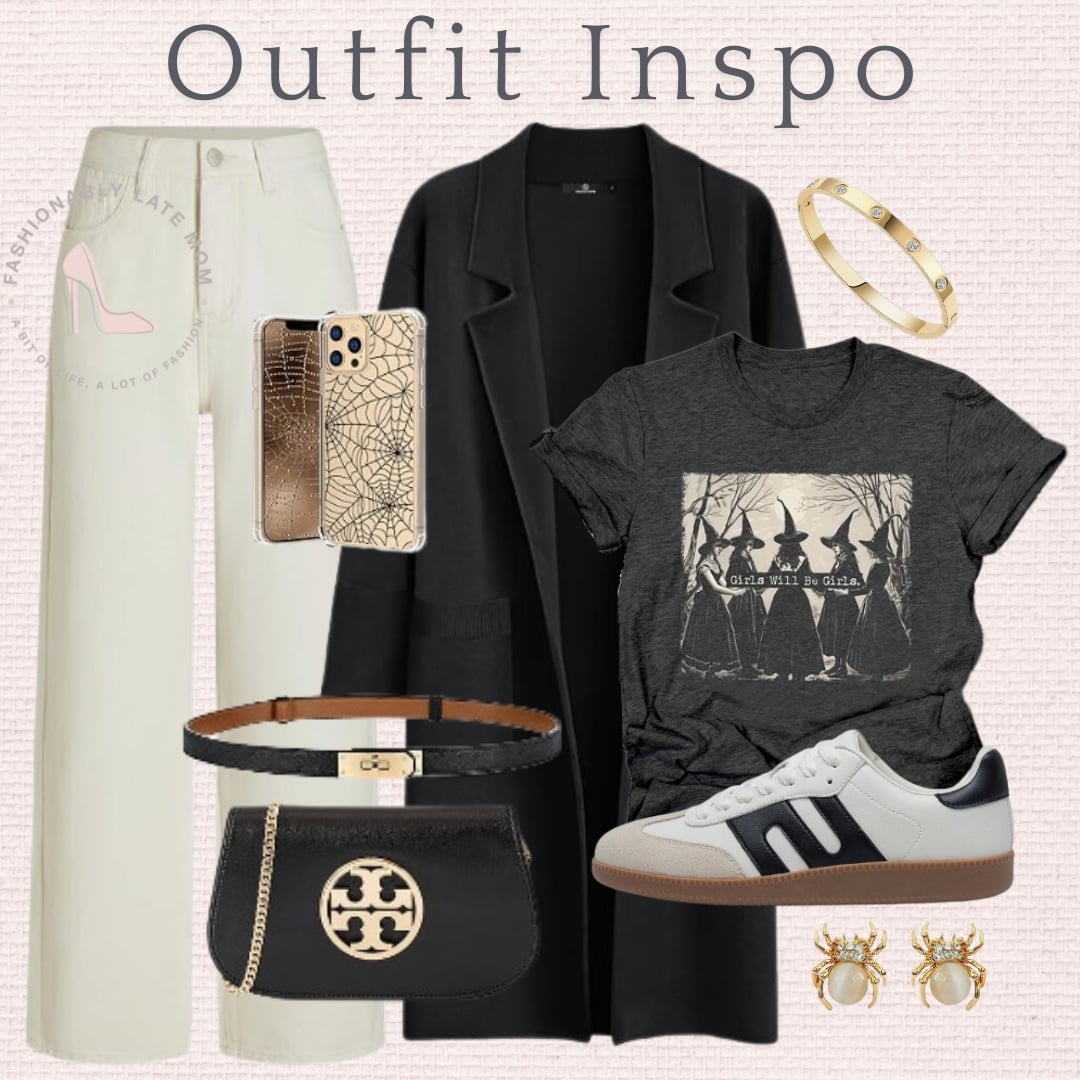 Dancing witches graphic tee with cream wide leg pants, a black blazer and sneakers