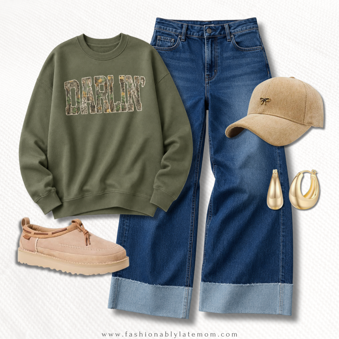 olive Darlin' sweatshirt fall outfit with cuffed jeans, a ball cap and tan boots
