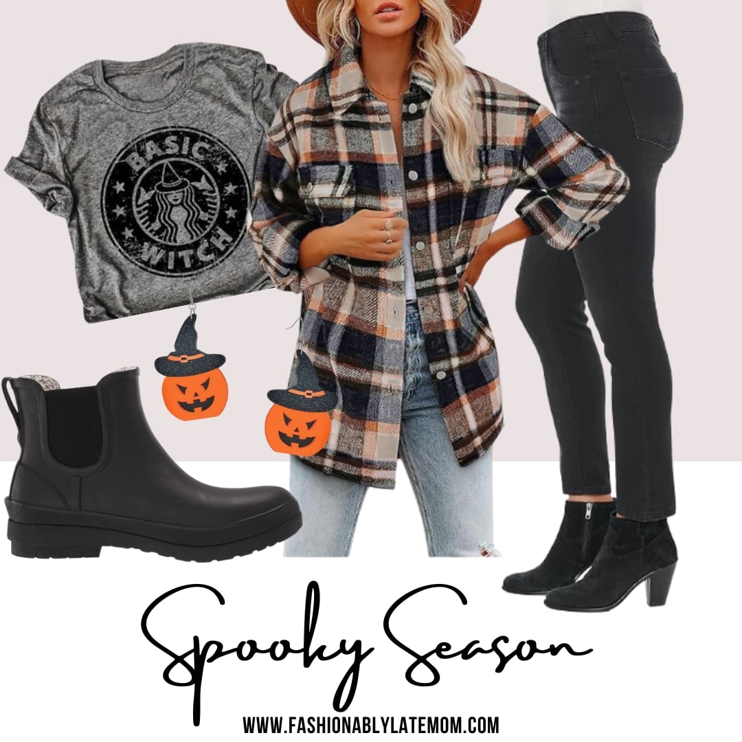Basic Witch graphic tee with a plaid shacket, black leggings and Chelsea boots