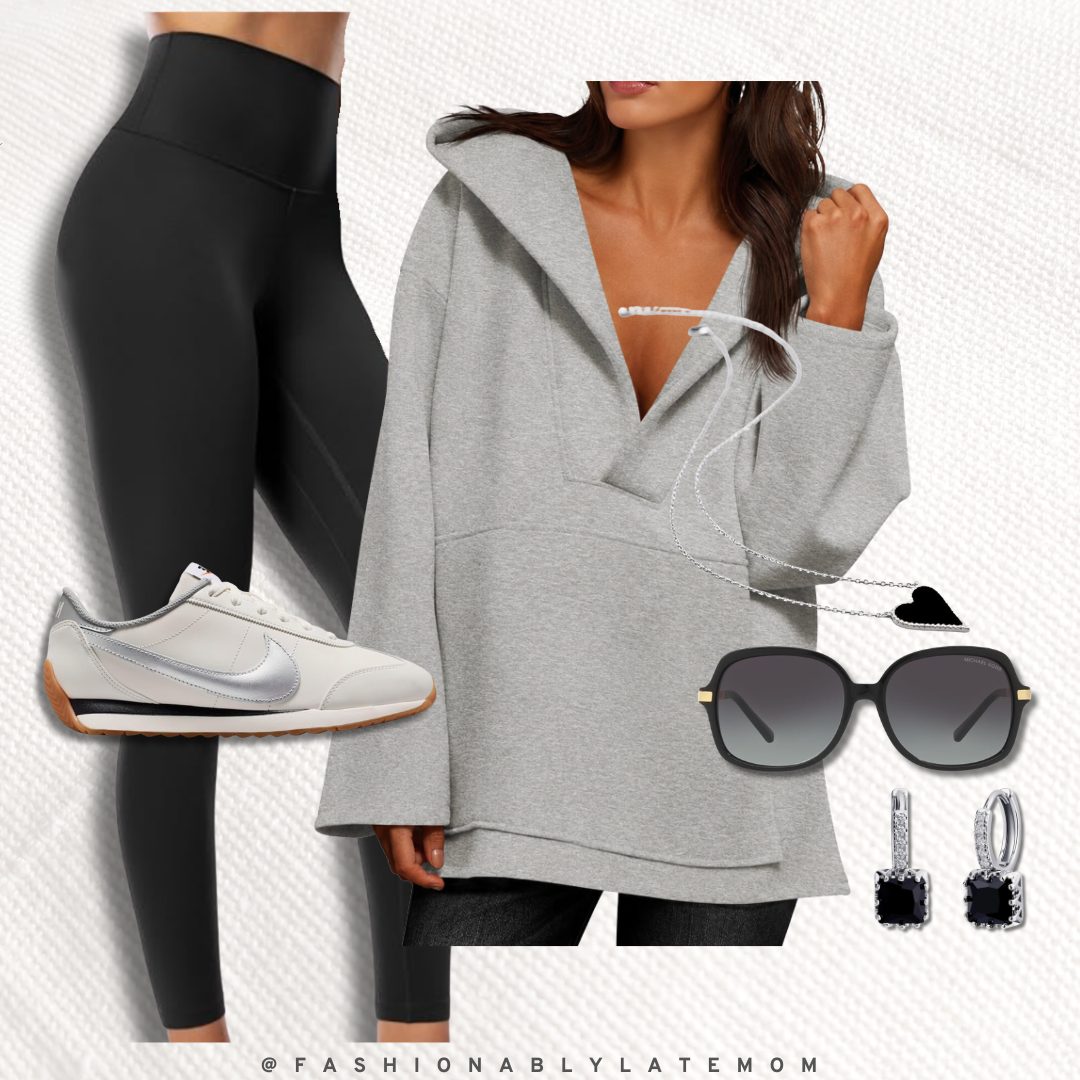 fall athleisure outfit with an oversized gray hoodie, black leggings and sneakers