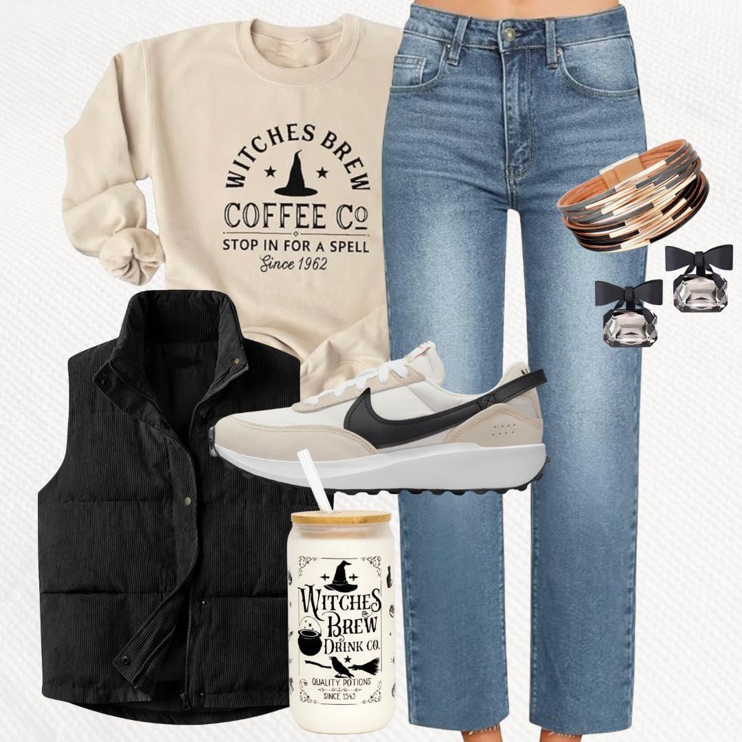 Witches Brew Coffee Co sweatshirt with jeans, a black puffer vest and sneakers