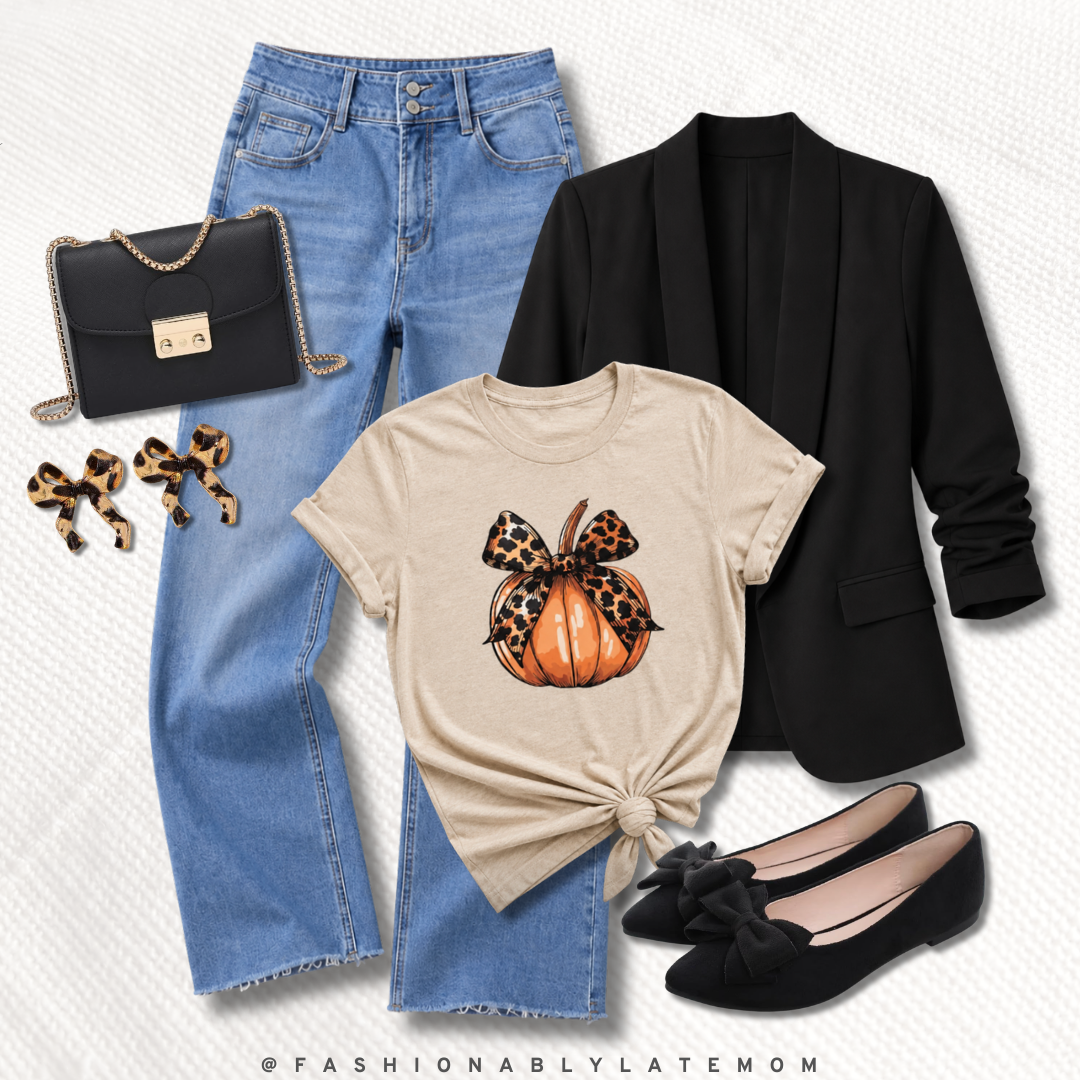 fall transitional outfit with a black blazer, pumpkin graphic tee, jeans and bow flats