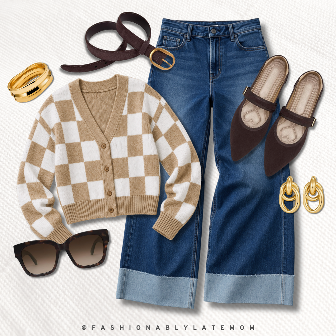 checkered cardigan fall outfit with cuffed wide-leg jeans and brown Mary Jane mules