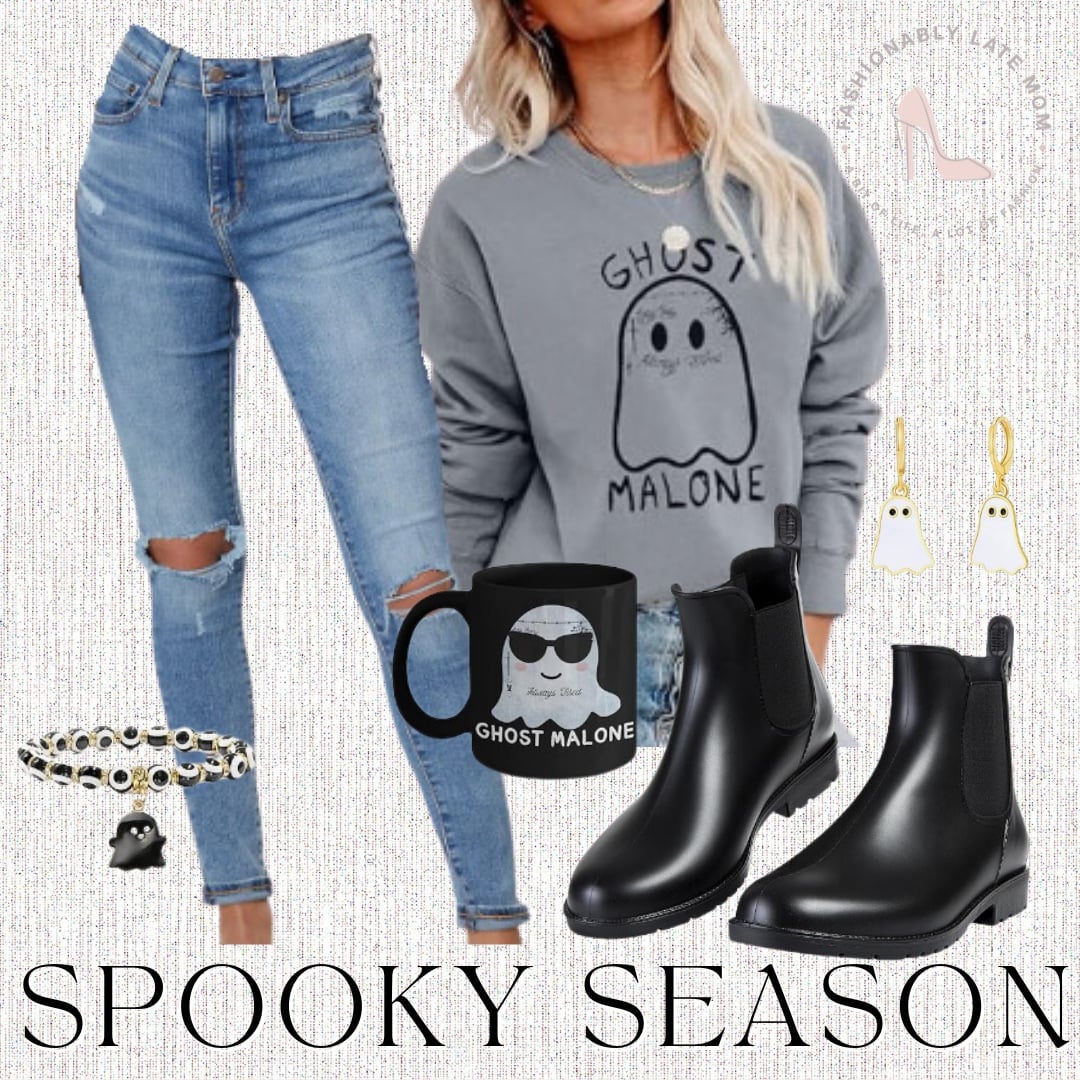 Ghost Malone sweatshirt with ripped jeans and black Chelsea rain boots