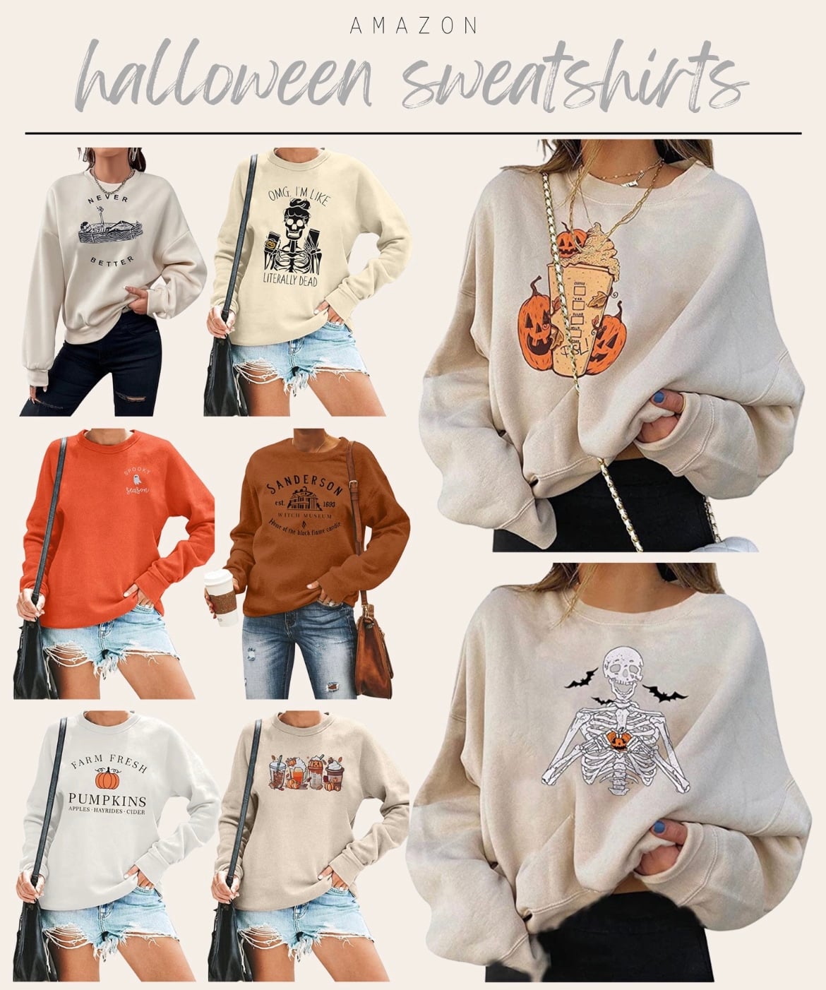 Amazon Halloween sweatshirts in cream, orange and brown styled with jeans