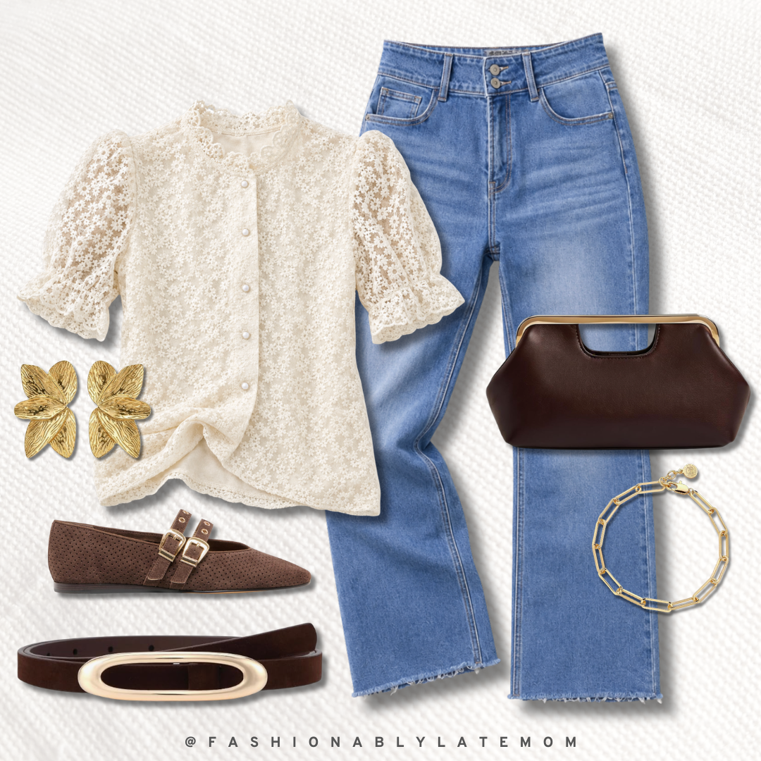 cream lace top and jeans fall outfit with brown flats and a clutch