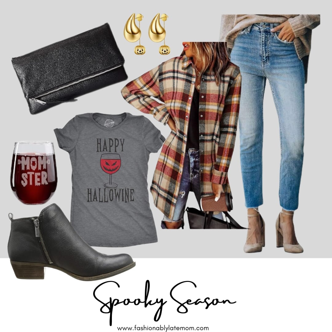 Happy Mom-o-ween graphic tee with a plaid shirt, jeans and booties