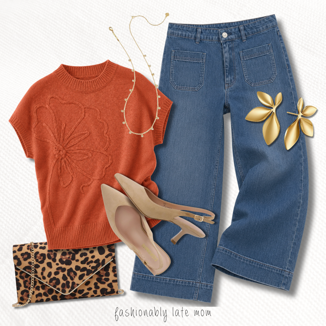rust short-sleeve sweater outfit with wide-leg denim trousers and slingback heels