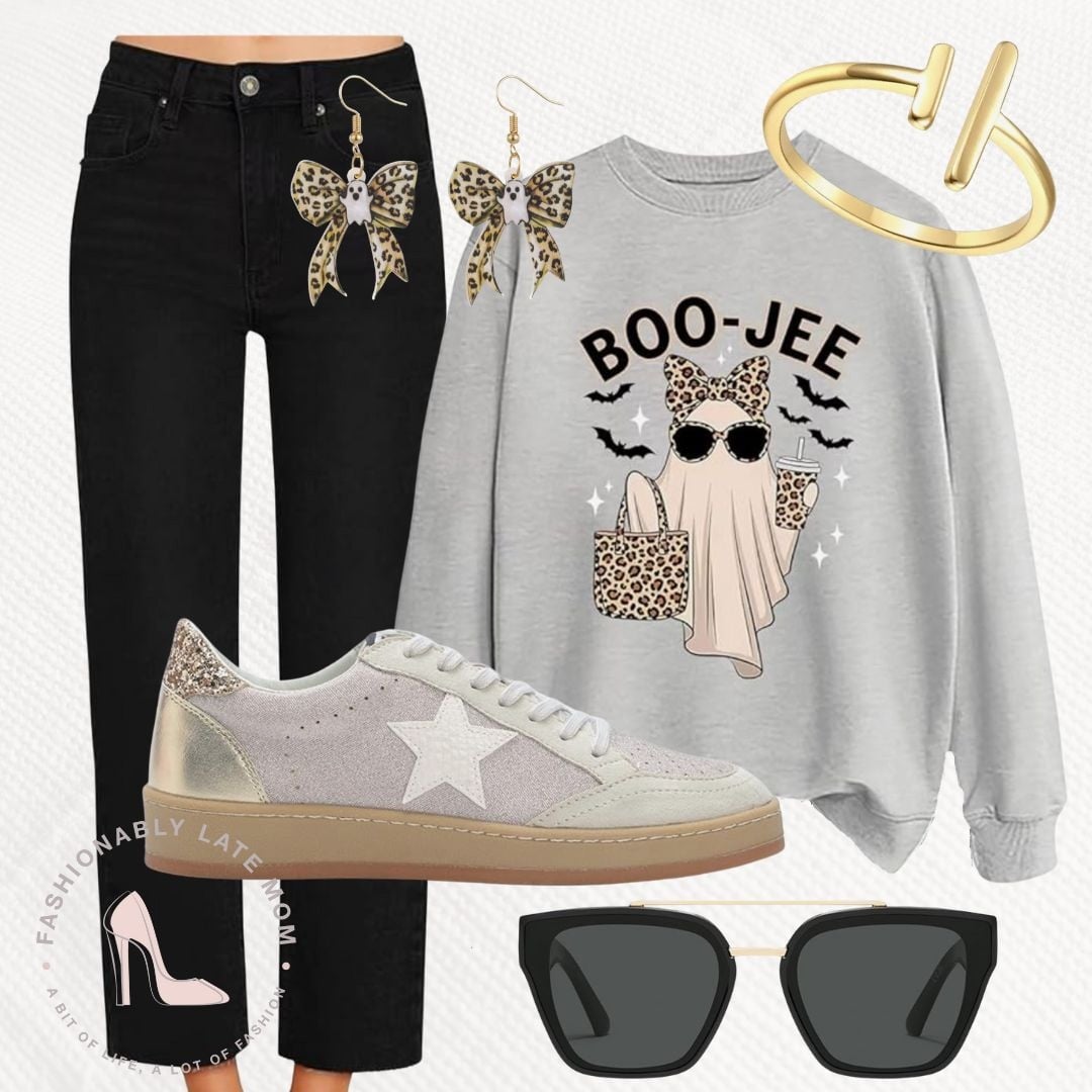 Boo-Jee ghost sweatshirt with black jeans and star sneakers