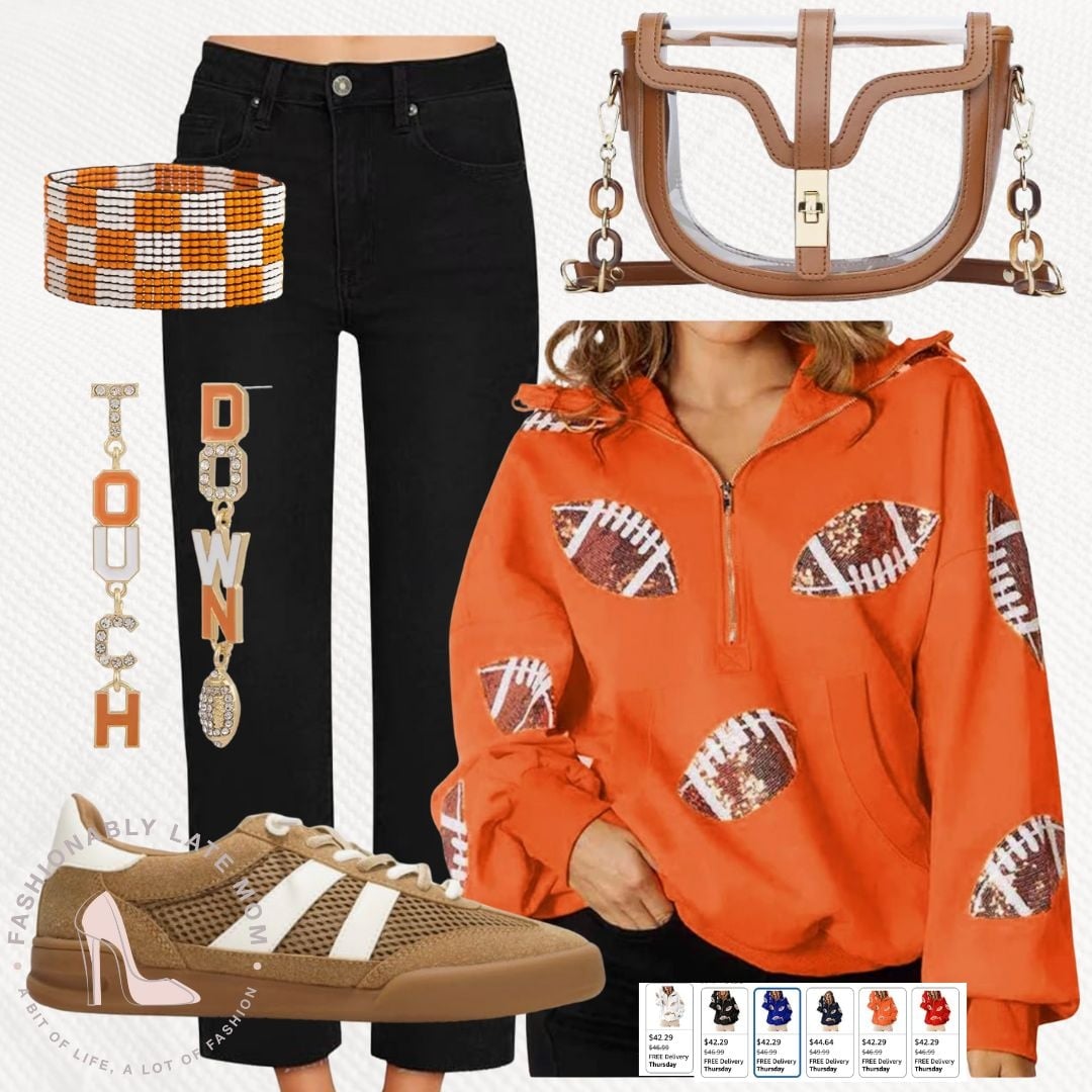 football game day outfit with a sequin football pullover, black jeans and gameday accessories