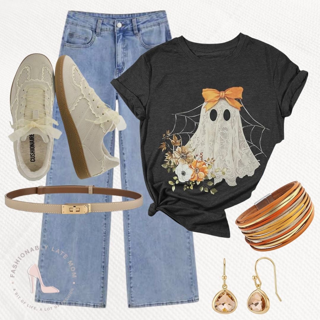 Black ghost with a bow graphic tee outfit with light wash jeans and white sneakers