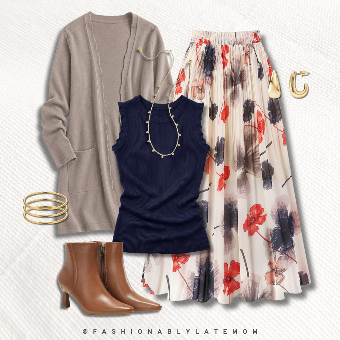 office outfit with taupe long cardigan, navy sleeveless top, floral pleated maxi skirt, and brown ankle boots