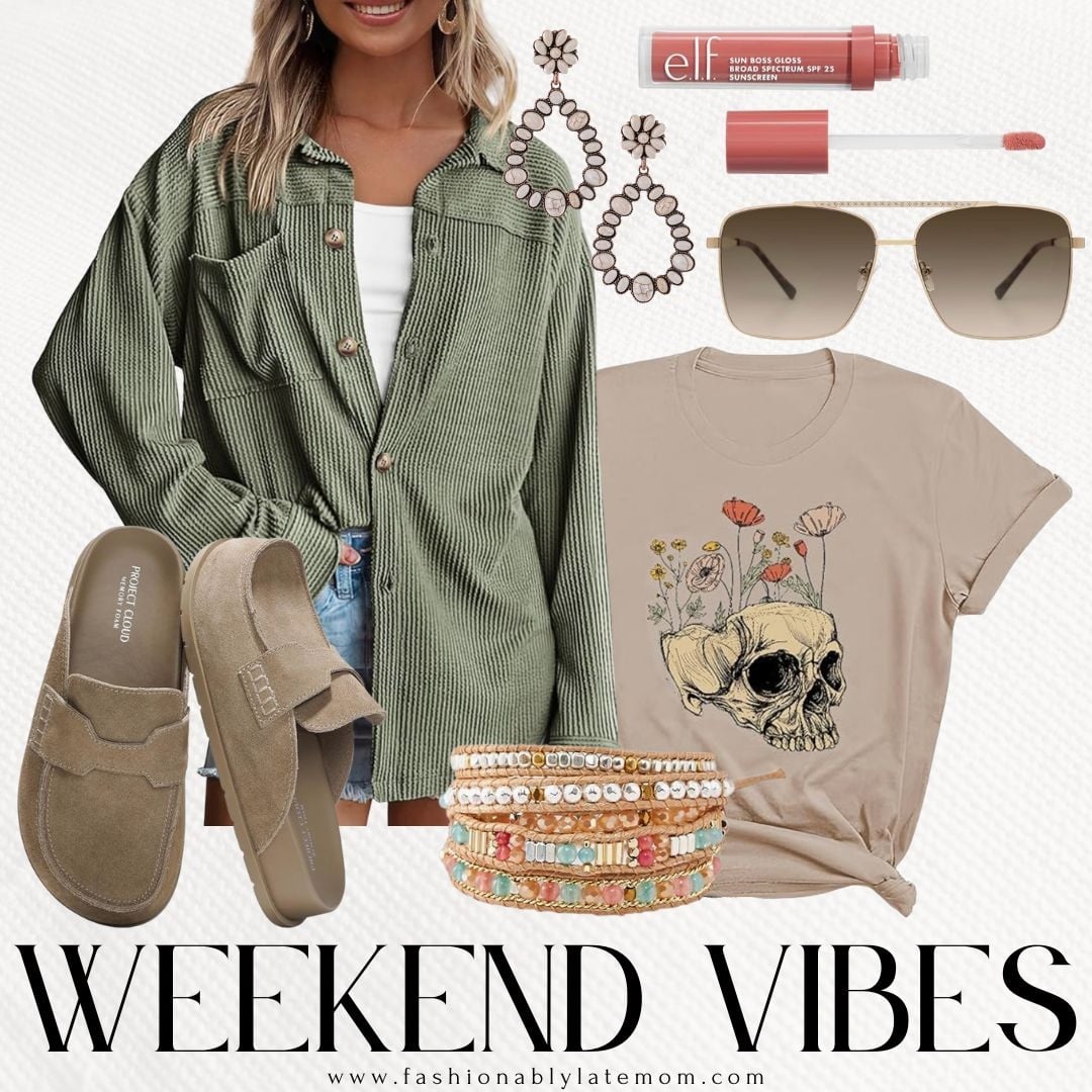 weekend fall outfit with an olive ribbed shacket, skull graphic tee, clogs and western jewelry