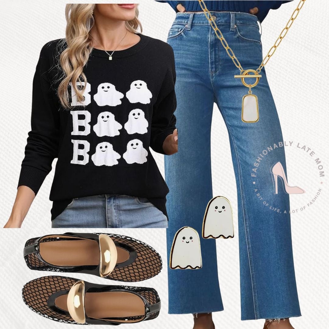Black BOO ghost long sleeve top with ghost print jeans and loafers