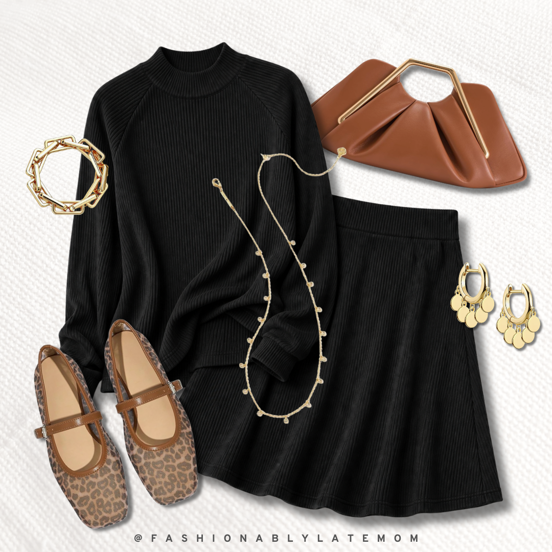 all-black sweater and skirt fall outfit with leopard Mary Jane flats and a cognac bag